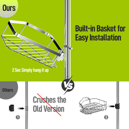 LAMU Corner Shower Caddy Tension Pole, Stainless Steel Shower Organizer, Strong Spring, 4 Adhesive Pads, 2.4" Non-Slip Grid Base, Adjustable 4-Tier Basket, 4 Hooks, Fits Heights 37.8-124", Silver