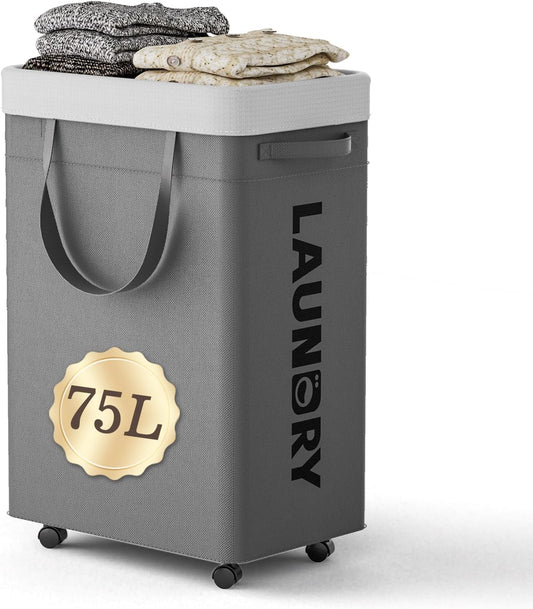 Delamu 75L Laundry Baskets with Wheels, Gray