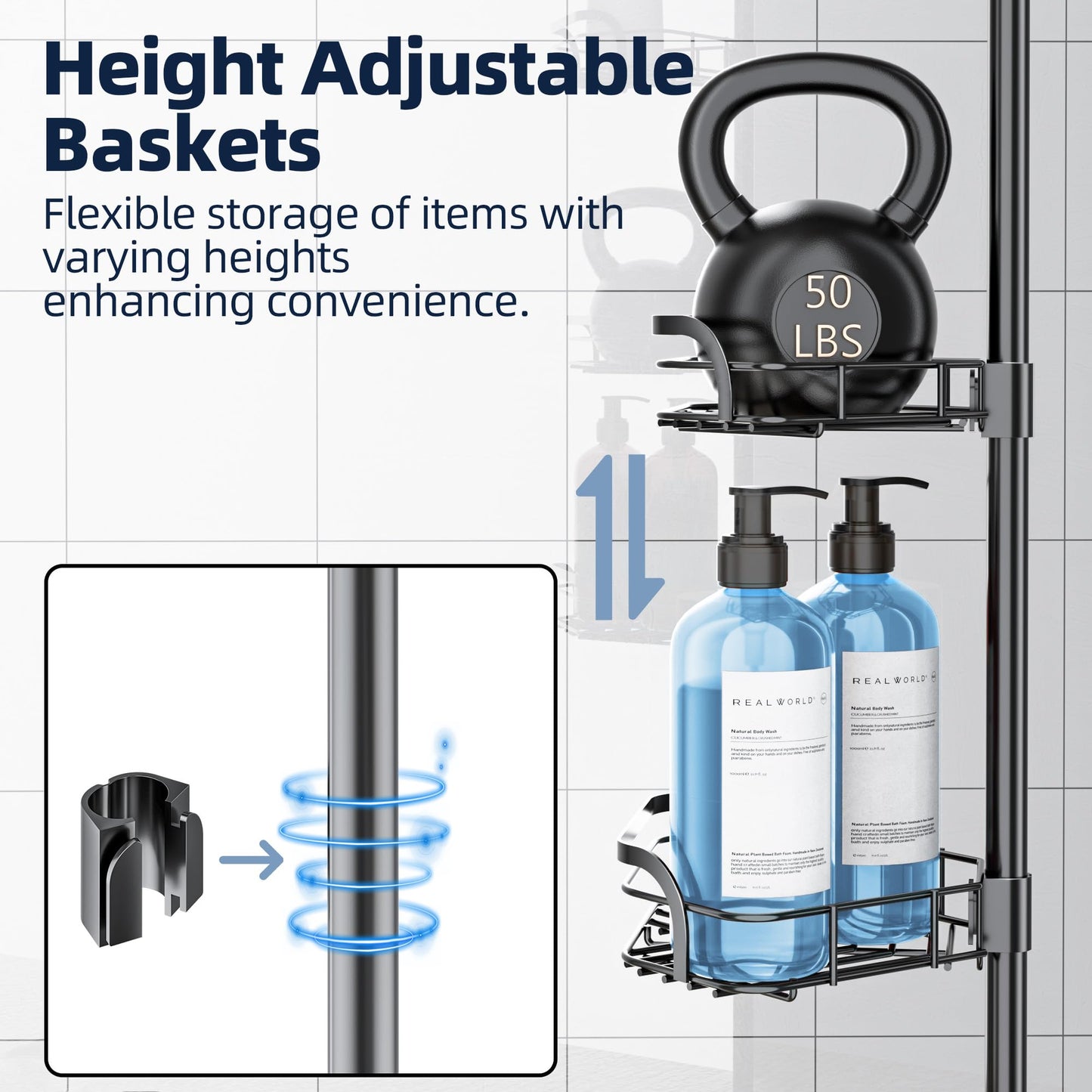 LAMU Corner Shower Caddy Tension Pole, Adjustable 4-Tier Shower Caddy, Fits 29-110 Inch Heights