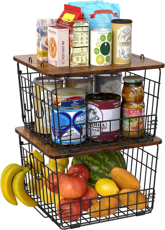 Delamu 2 Pack Stackable Wire Basket with Wood Top
