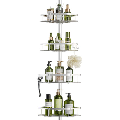 LAMU Corner Shower Caddy Tension Pole, Stainless Steel Shower Organizer, Strong Spring, 4 Adhesive Pads, 2.4" Non-Slip Grid Base, Adjustable 4-Tier Basket, 4 Hooks, Fits Heights 37.8-124", Silver