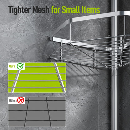 LAMU Corner Shower Caddy Tension Pole, Stainless Steel Shower Organizer, Strong Spring, 4 Adhesive Pads, 2.4" Non-Slip Grid Base, Adjustable 4-Tier Basket, 4 Hooks, Fits Heights 37.8-124", Silver