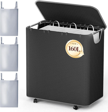 Delamu 160L Laundry Hamper with Wheels, Black