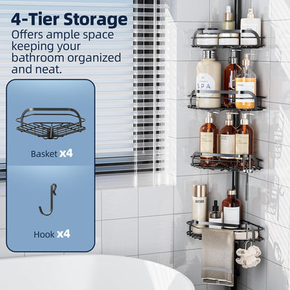 LAMU Corner Shower Caddy Tension Pole, Adjustable 4-Tier Shower Caddy, Fits 29-110 Inch Heights
