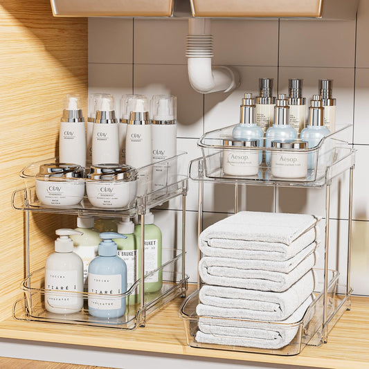 Delamu 2 Sets of 2-Tier Clear Under Sink Organizers and Storage, Multi-Purpose Stackable Bathroom Cabinet organizers, Pull Out Kitchen Pantry Organization and Storage with Dividers
