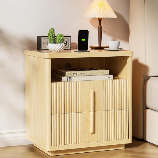 Delamu Fluted Nightstand with Charging Station, 22.8"