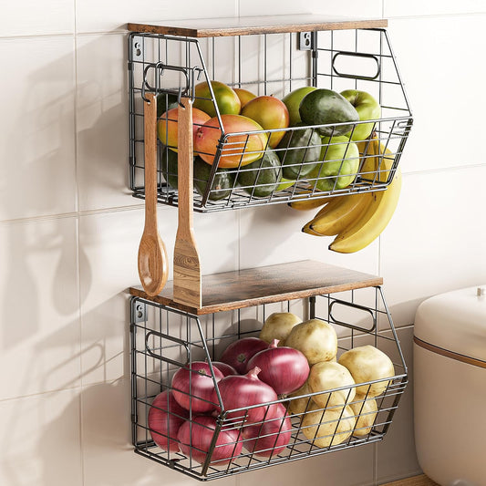 Delamu 2-Pack Stackable Metal Fruit Basket with Wood Lid