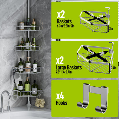 LAMU Corner Shower Caddy Tension Pole, Stainless Steel Shower Organizer, Strong Spring, 4 Adhesive Pads, 2.4" Non-Slip Grid Base, Adjustable 4-Tier Basket, 4 Hooks, Fits Heights 37.8-124", Silver
