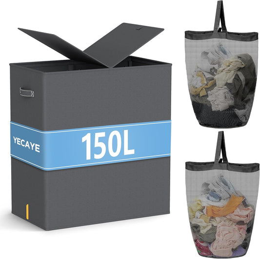 Delamu 150L Large Laundry Hamper with Lid, Gray