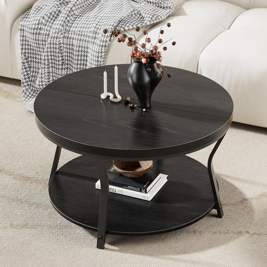 Delamu Round Coffee Table, 2 Tier Circle Wood Coffee Tables for Living Room, Black