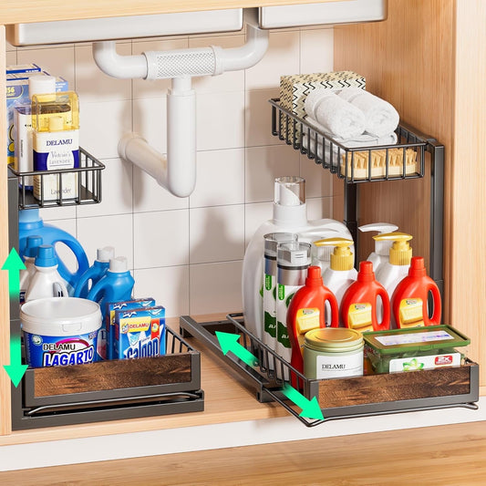 DELAMU 2 Pcs L-shape Wood Metal Under Sinks Organizer Pull Out Basket for Kitchen, Bathroom Cabinet Storage, Rustproof