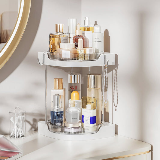 DELAMU 2 Tier Rotating Bathroom Countertop Makeup Organizer, Skincare Storage Shelf Vanity Trays Cosmetic Corner Organizer 360 Spinning, White