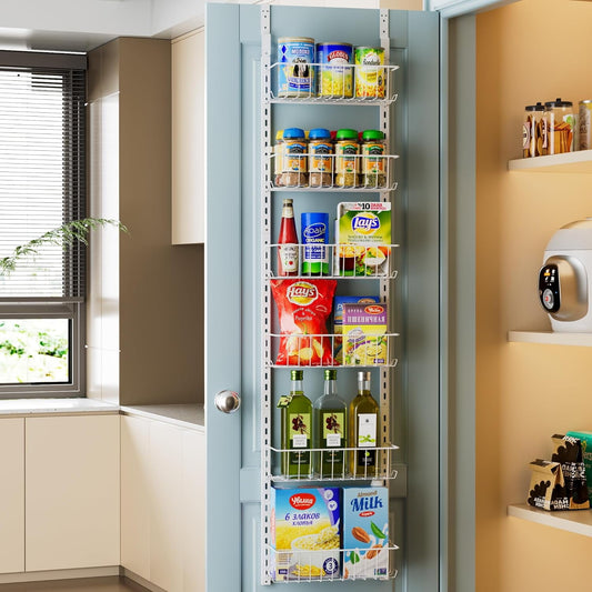 Delamu 12'' Pantry Door Rack, Over the Door Pantry Organizer with 6-Tier Adjustable Baskets, Door Spice Rack for Bathroom, Bedroom, Kitchen Organizers and Storage