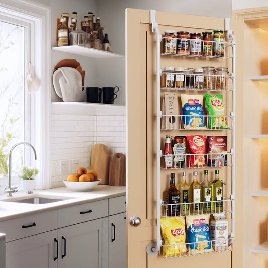Delamu 6-Tier Metal Over the Door Organizer, Hanging Storage and Organization for Kitchen, Spice Rack, D5.1xW18xH50.4inch, White