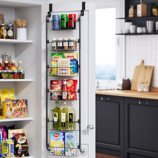 13inch Over the Door Pantry Organizer Rack with 6 Adjustable Baskets, Delamu 6 Tiers Dual-use Hanging or Wall Mount Spice Rack Organizer, Black