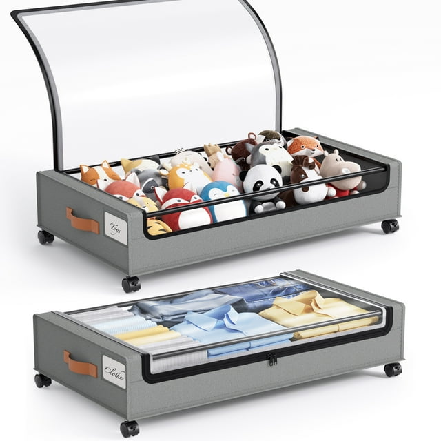 Delamu Gray Under Bed Storage with Wheels, Underbed Storage Bins, 2 Pack Storage Containers