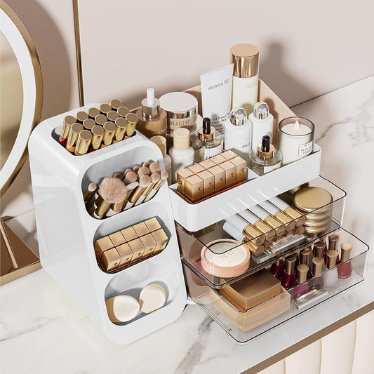 Delamu Makeup Organizer with Drawers for Vanity, Spacious Cosmetic Display Case with Makeup Brush Holder, Perfect Vanity Bathroom Organizer and Storage for Skincare & Beauty Essentials, White