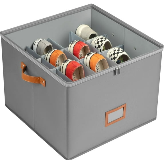 Delamu Shoe Storage Boxes with 16 grids, Shoe Organizer for Closet, Shoe Container with Handle, Gray