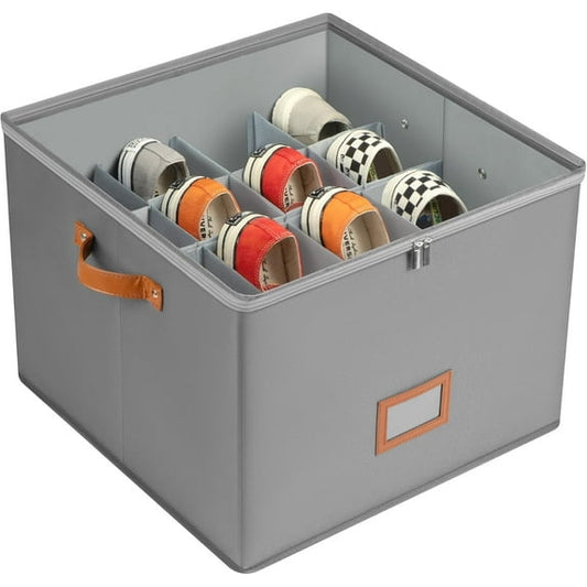 Delamu Shoe Storage Boxes with 16 grids, Shoe Organizer for Closet, Shoe Container with Handle, Gray
