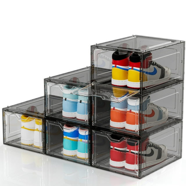 Clear Acrylic Shoe Boxes, Delamu Shoe Organizers and Storages with lids, Stackable Shoe Display Case, Sneaker Boxes, Black