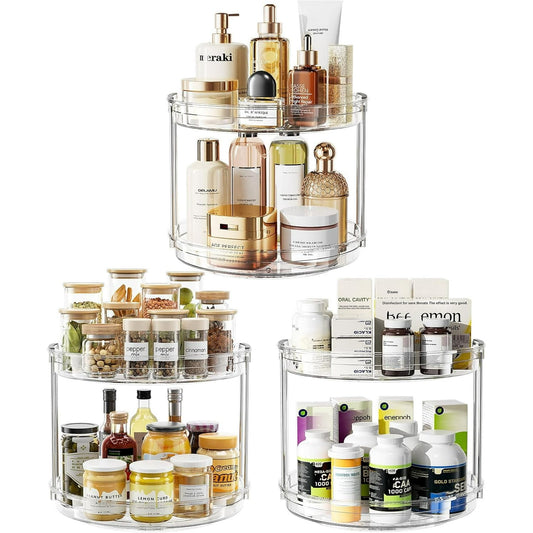 3 Pack 10.63 inch 2 Tier Rotating Lazy Susan Turntable Cabinet Counter Organizer, Transparent
