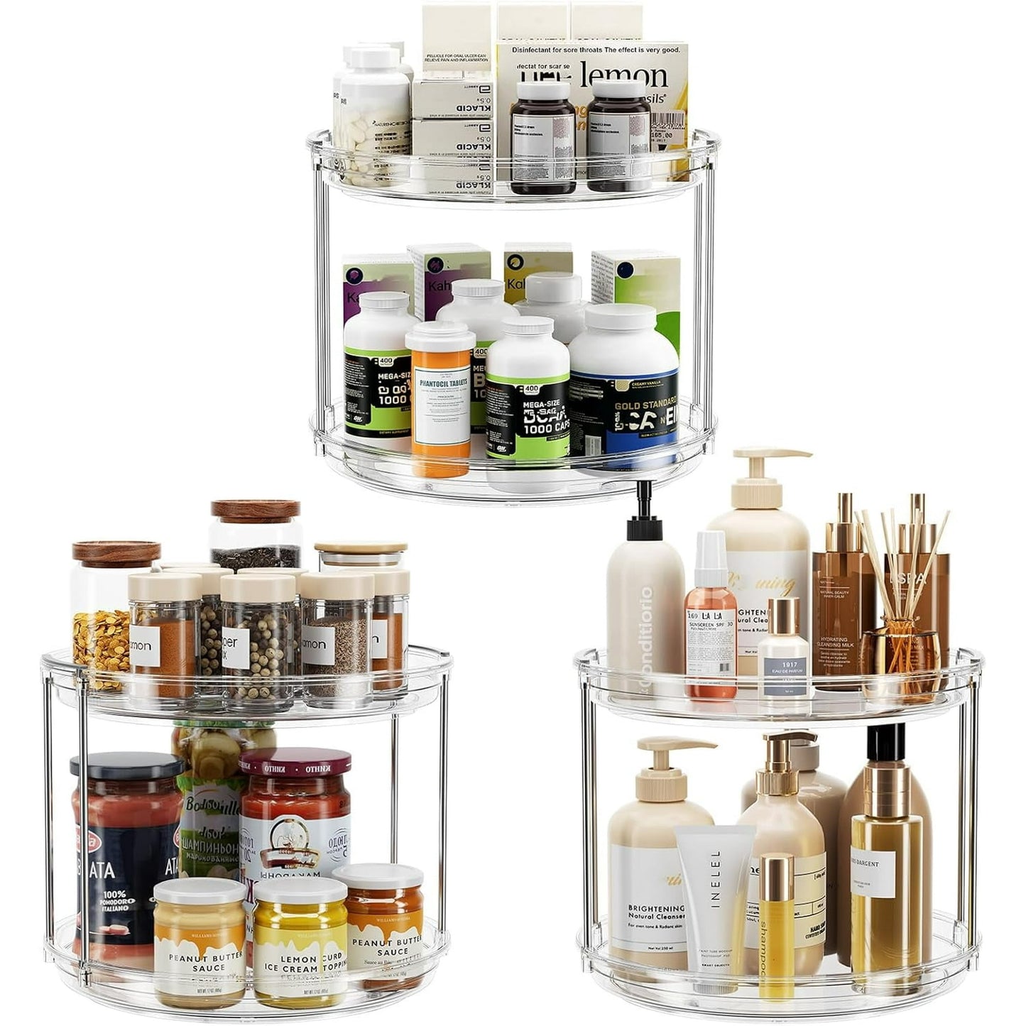 3 Pack 9.25 inch 2 Tier Rotating Lazy Susan Turntable Cabinet Counter Organizer, Transparent