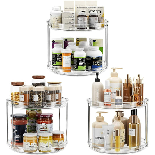 3 Pack 9.25 inch 2 Tier Rotating Lazy Susan Turntable Cabinet Counter Organizer, Transparent