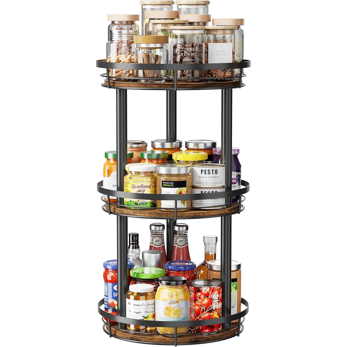 LAMU 12" Lazy Susans Turntable Organizer 3 Tier for Cabinet Pantry Kitchen Countertop Refrigerator Cupboard, Carbonized Wood Black