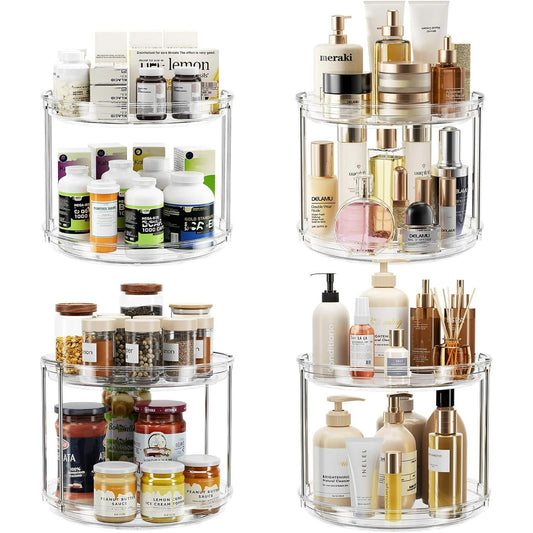4 Pack 9.25 inch 2 Tier Rotating Lazy Susan Turntable Cabinet Counter Organizer, Transparent