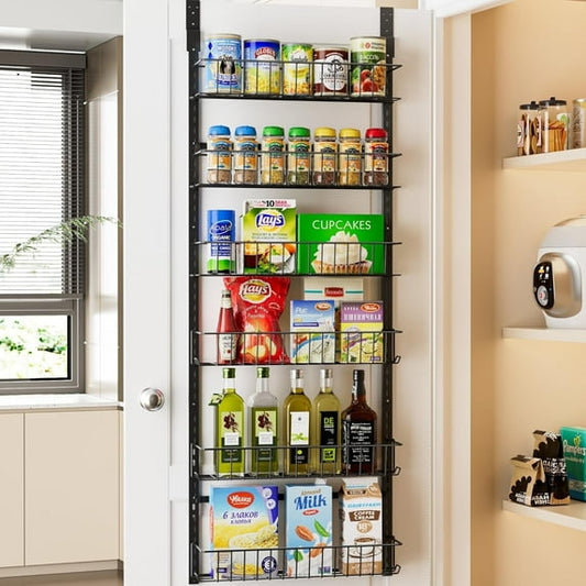 Over the Door Spice Rack, Delamu Pantry Door Organizer Rack Kitchen Organization and Storage with 6 Tier Adjustable Shelves Powder Coated Steel Black
