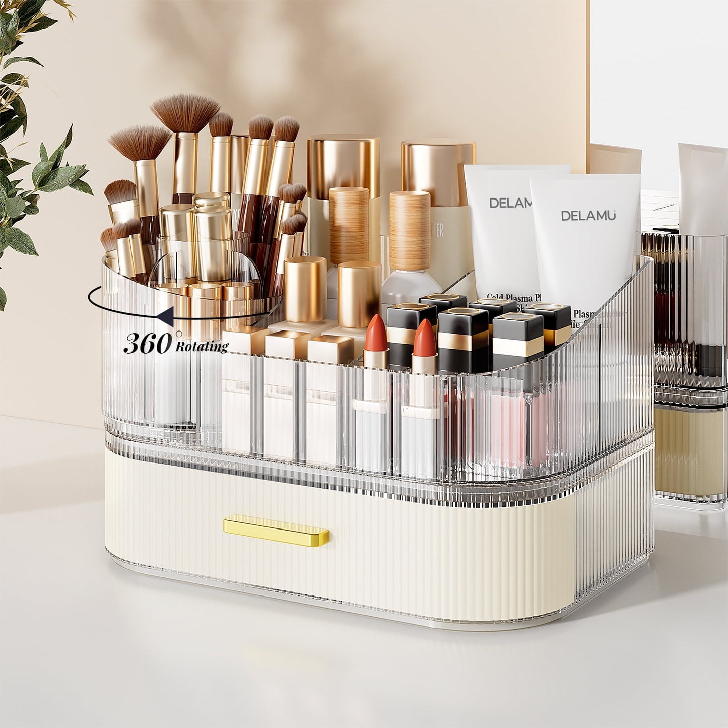 Rotating Makeup Organizer, LAMU Makeup Organizer Countertop, Capacity Cosmetic Display Case, Cream White