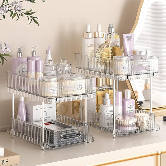 2 Tier Bathroom Storage Organizer, Delamu 2 Pack Clear Under Sink Organizers Vanity Countertop Storage, Sliding Cabinet Organizer, Pull-Out Organization for Pantry, Kitchen