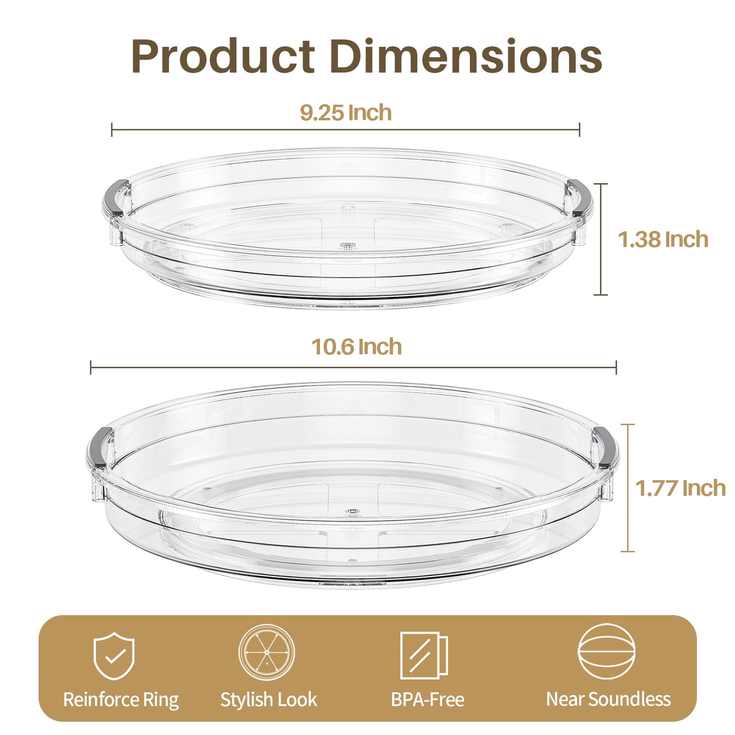2 Pack Lazy Susan Turntable Organizer for Cabinet Refrigerator 9.25'' + 10.6'' Rotating Lazy Susan, Transparent
