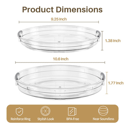 2 Pack Lazy Susan Turntable Organizer for Cabinet Refrigerator 9.25'' + 10.6'' Rotating Lazy Susan, Transparent